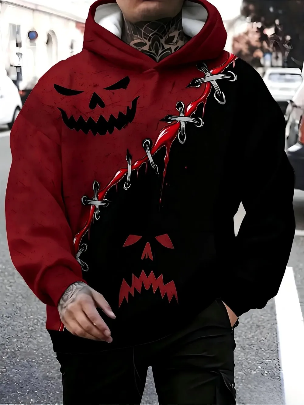 New American men's autumn Halloween smiley face patchwork printed micro elastic comfortable hoodie outdoor casual top