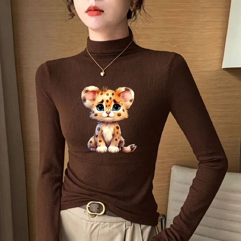Winter Women's Thermal Brushed Fleece Half Mock Neck Long Sleeve T Shirt Cute Baby Leopard Sitting Graphic Warm Tee