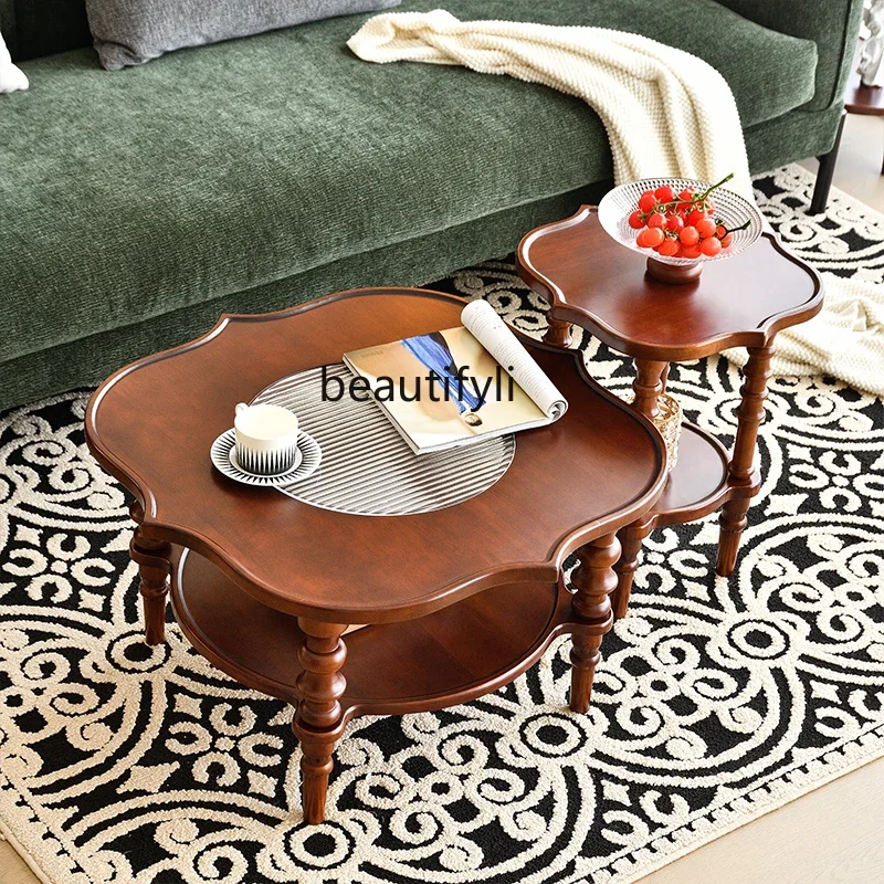 

yh American retro solid wood coffee table, living room household round French, glass medium antique round table