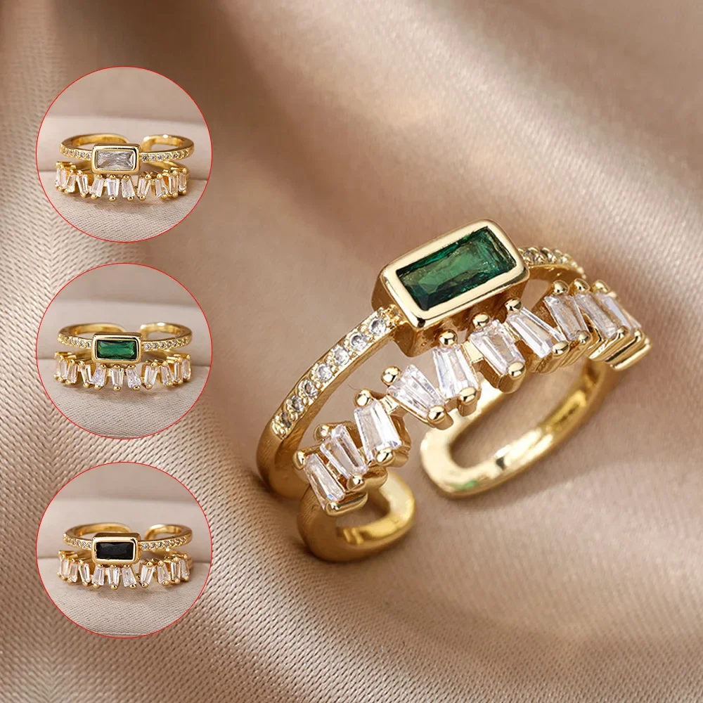 Stainless Steel Luxury Green Crystal Double Layer Rings for Women Personality Zircon Wedding Bride Jewelry Accessories Colorfast
