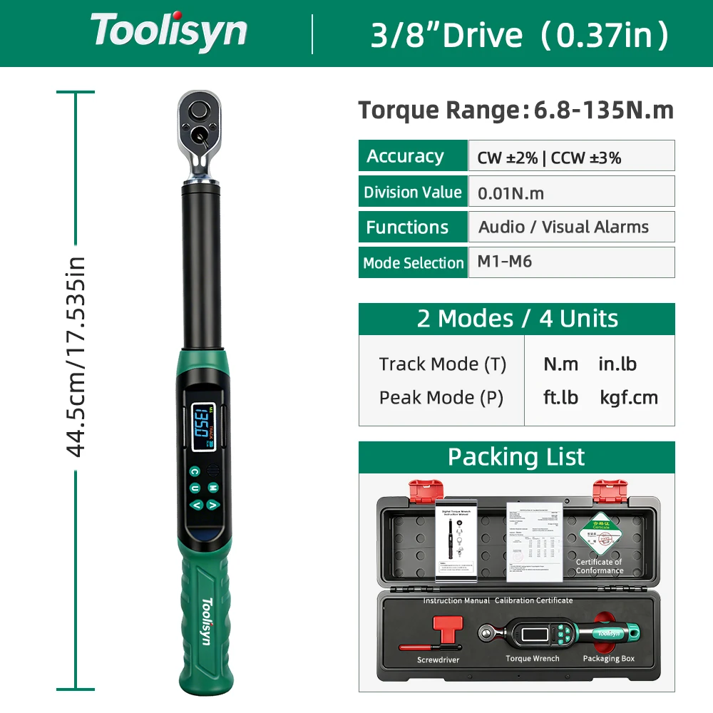 Toolisyn Digitale momentsleutel 0,3-500N.m Verstelbaar 1/4"3/8"1/2" Drive ± 2% nauwkeurigheid LED-zoemer Precisiegereedschap voor fiets- en autoreparatie