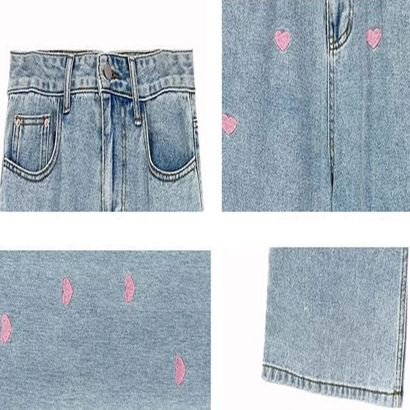 Sweet Hearts Embroidery Jeans Women Wide Leg Denim Trousers Baggy Mopping All-match High Waist Chic Loose Streetwear Retro Cute