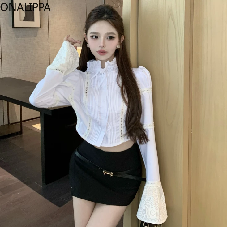 Onalippa Small Fragrance Victorian Blouse White Stand Collar Wood Ear Hem Lace Up Bows Shirts French Hook Flower Womens Tops