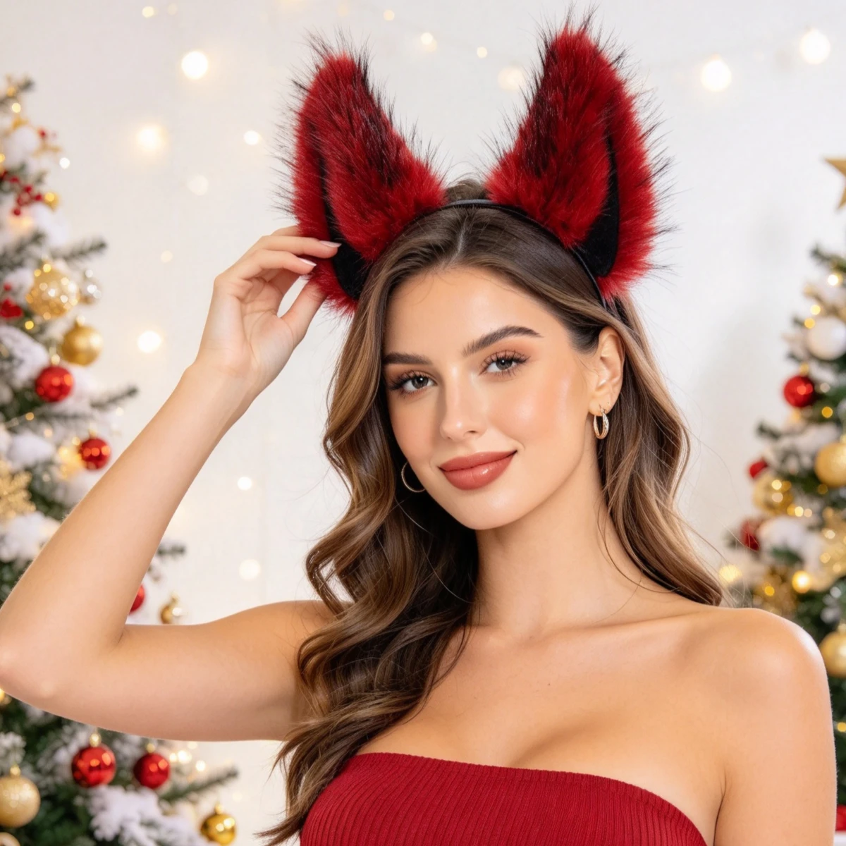 Wolf Ear Headband Red Adjustable Fur Hair Hoop For Halloween Masquerade Cosplay Role Play Photography
