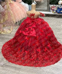 Red Flower Girl Dress Bow Long Sleeve First Production Birthday Wedding Prom Party Custom Kids Clothing Photoshoot