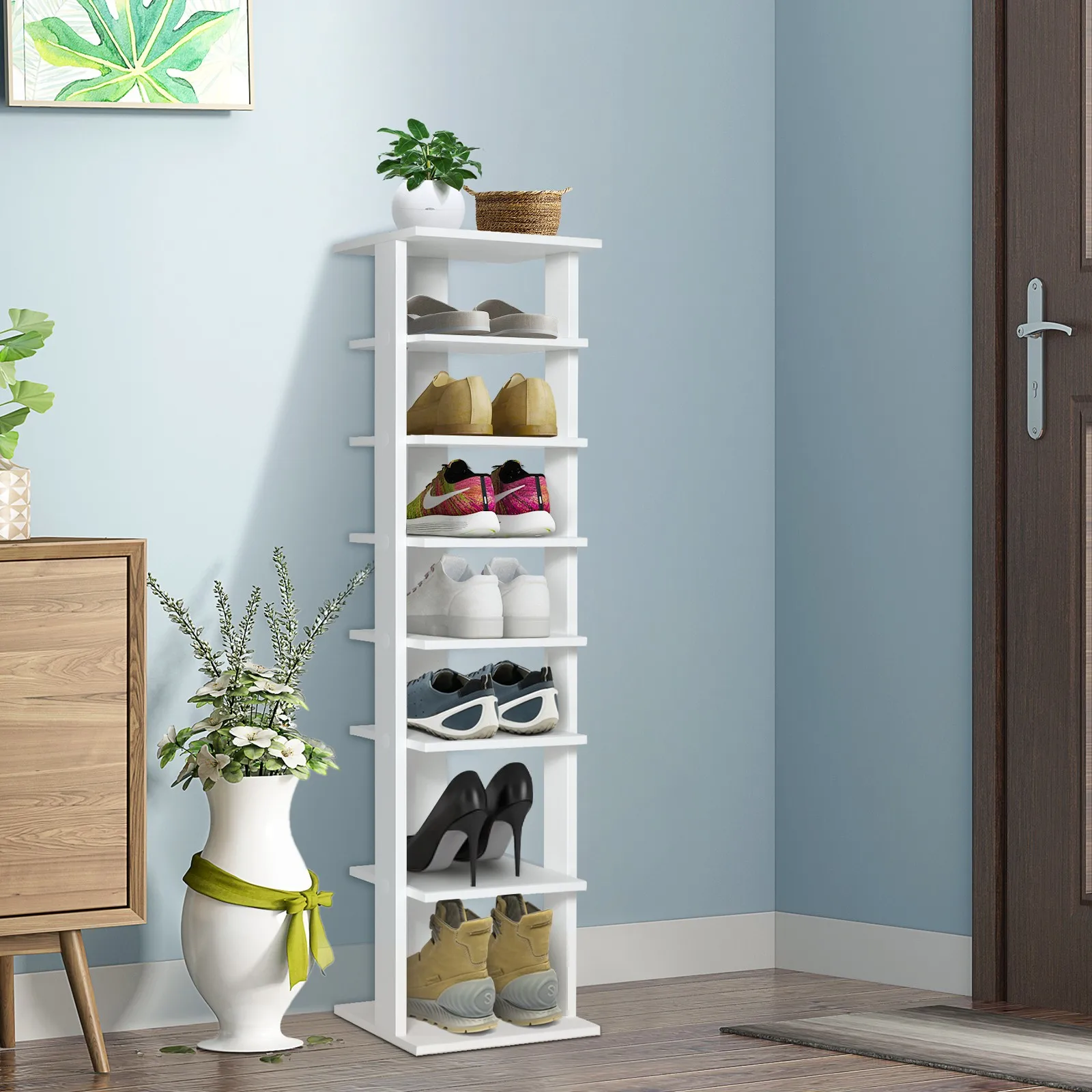 

7 Tier Vertical Shoe Rack Tall Narrow Shelf Storage Organizer Slim Shoe Tower