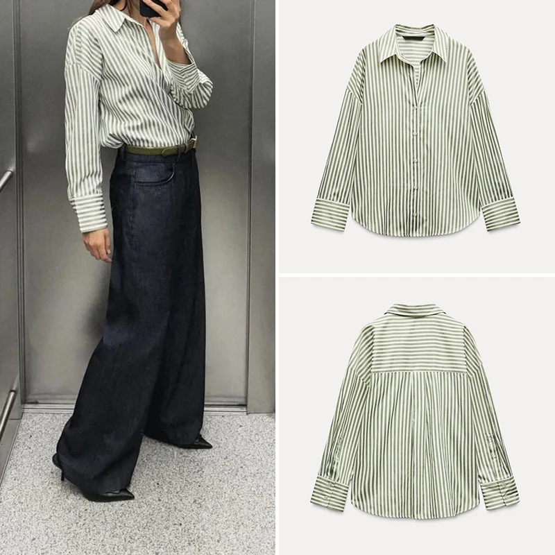 

Z Женский удобный шелковый откидной воротник в полоску с длинным светом, свободный крой, лето 2022, полиэфирное волокно, 00% повседневный стиль