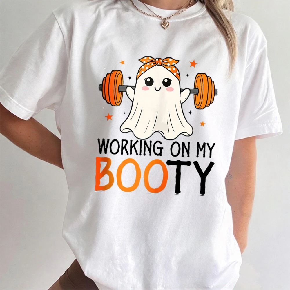 Adorable Ghost Barbell Motif Cotton Gym T-shirt Unisex Trendy Streetwear Casual Halloween Short Sleeve Top Fashion Fitness Tees