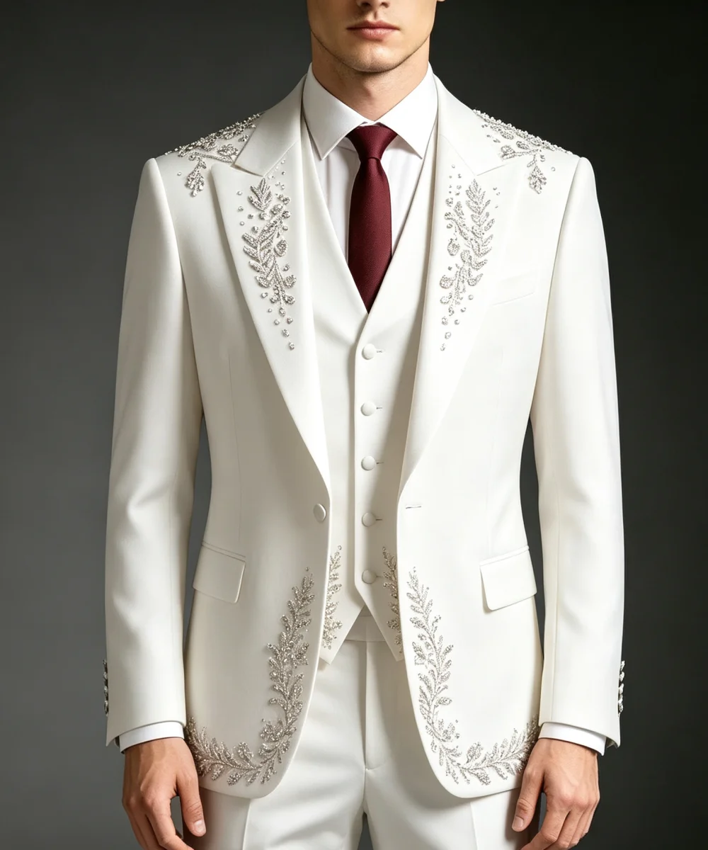 Gorgeous Men Wedding Suit Peaked Lapel One Button Beaded Crystal Engagement Prom Set Customized 3 Piece Celebrity Party Wear