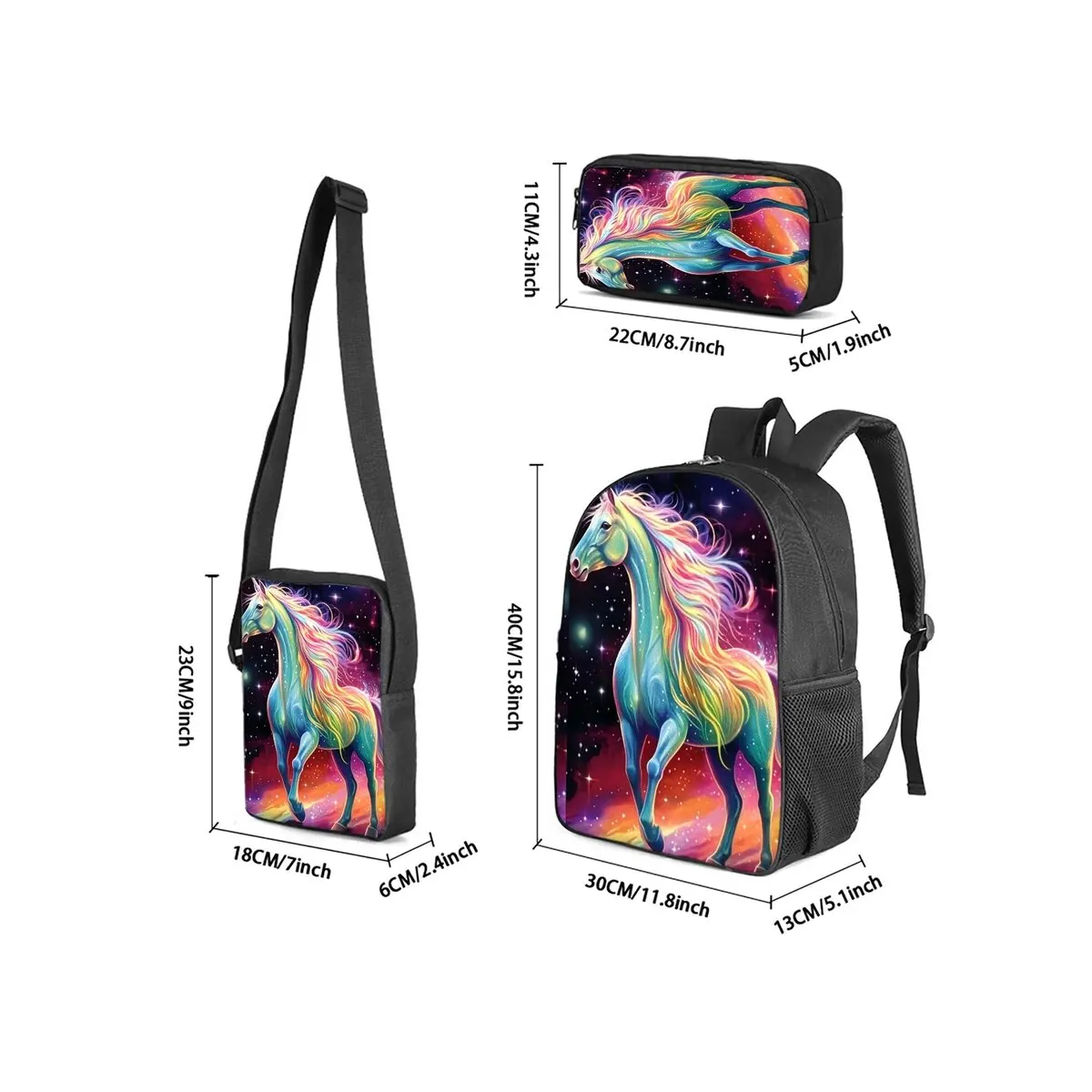 Cattle and Horses Print 3Pcs/Set Backpack with Messenger Bag ,Pencil Bags for Boy/Girl Best Gift Cartoon Student School Bags