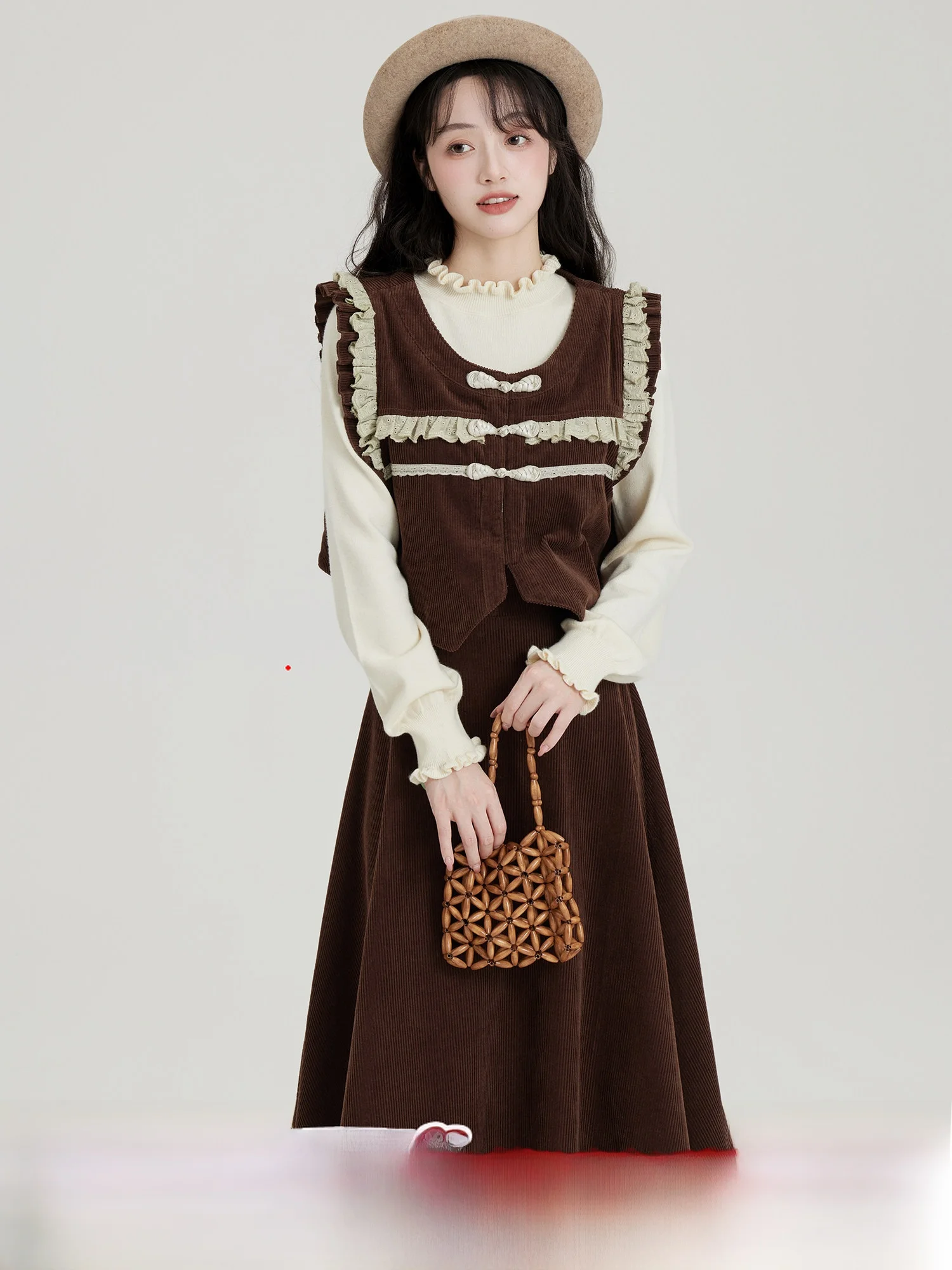 Colete de Tricô Lótus Tee-Inch para Camadas de Inverno com Bainha de Renda, Quente, em Poliéster, Algodão e Elastano, Gola Redonda, Estampa Floral Botânica