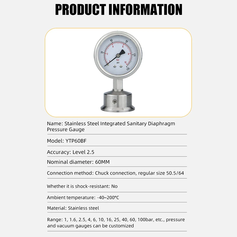 -40-200°C  50.5mm Clamp ConnectionDiaphragm Pressure Gauge Stainless Steel Integrated Sanitary Vacuum Gauge 60mm
