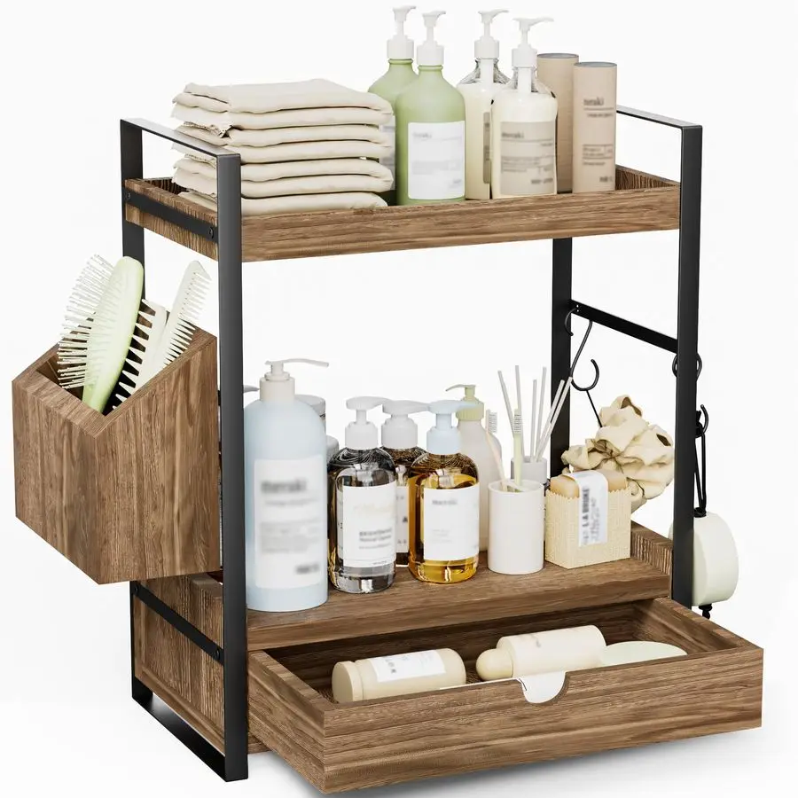 

Bathroom Counter Organizer with Drawer and Basket, Wood Countertop Organizer for Storage, Skincare Organizers for Vanity, Counte