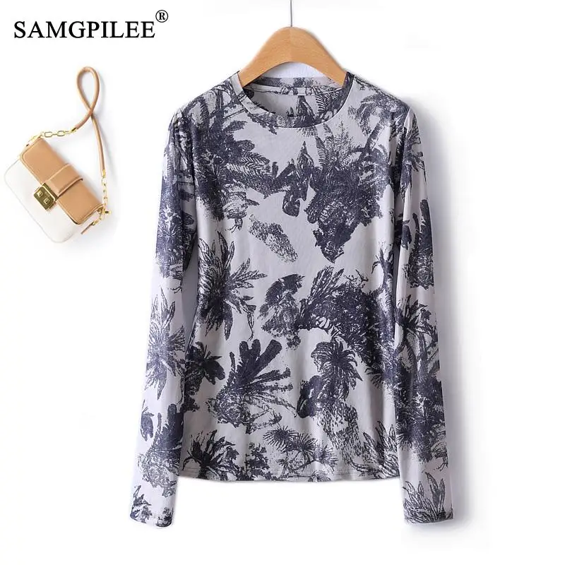 

Oversized T Shirt For Women Autumn New 2023 Retro Lace Hollow Ink Flower Long Sleeve Fashion Blouse Female Y2k Top 4XL