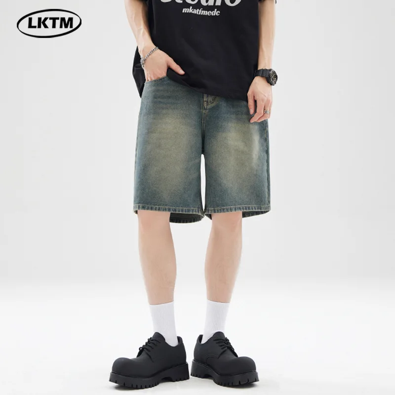 Pantalones cortos vaqueros hasta la rodilla con cremallera para hombre, pantalones cortos lisos con bolsillos a media cintura, holgados, informales, desgastados, lavados, empalmados, para verano