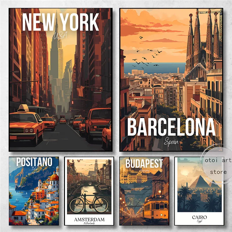 City Travel Art Poster New York/Havana/paris/Barcelona Landscape  Canvas Painting Wall Prints Picture for Living Room Home Decor