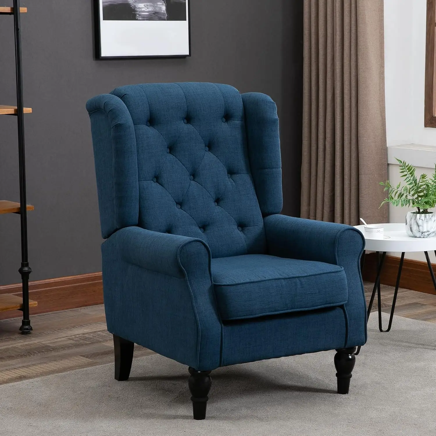 Button-Tufted Accent Chair with High Wingback Rounded Cushioned Armrests and Thick Padded Seat Blue Sturdy and Durable