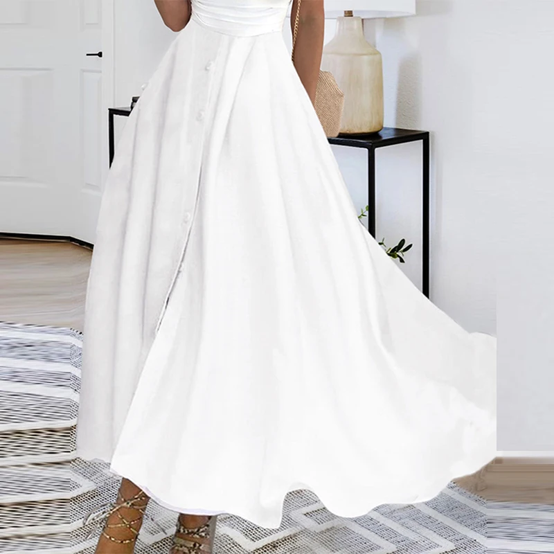 Women Sexy Button Split White Dress Elegant Draped Waisted Long Dress Office Fashion Sleeveless Deep V-neck Pleated Party Dress