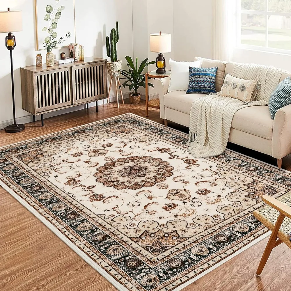 

Vintage Area Rug - 9x12 Traditional Oriental Medallion Floral Design, Stain Resistant Indoor Print Carpet for Entryway Bedroom