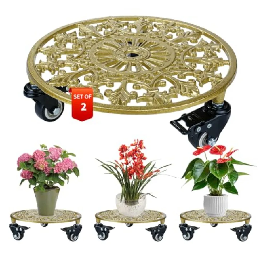 

2 Pack Gold Metal Plant Caddy with Wheels, Round Rolling Plant Stand Heavy Duty Indoor Outdoor Planter Dolly, Plant Pot Mover f