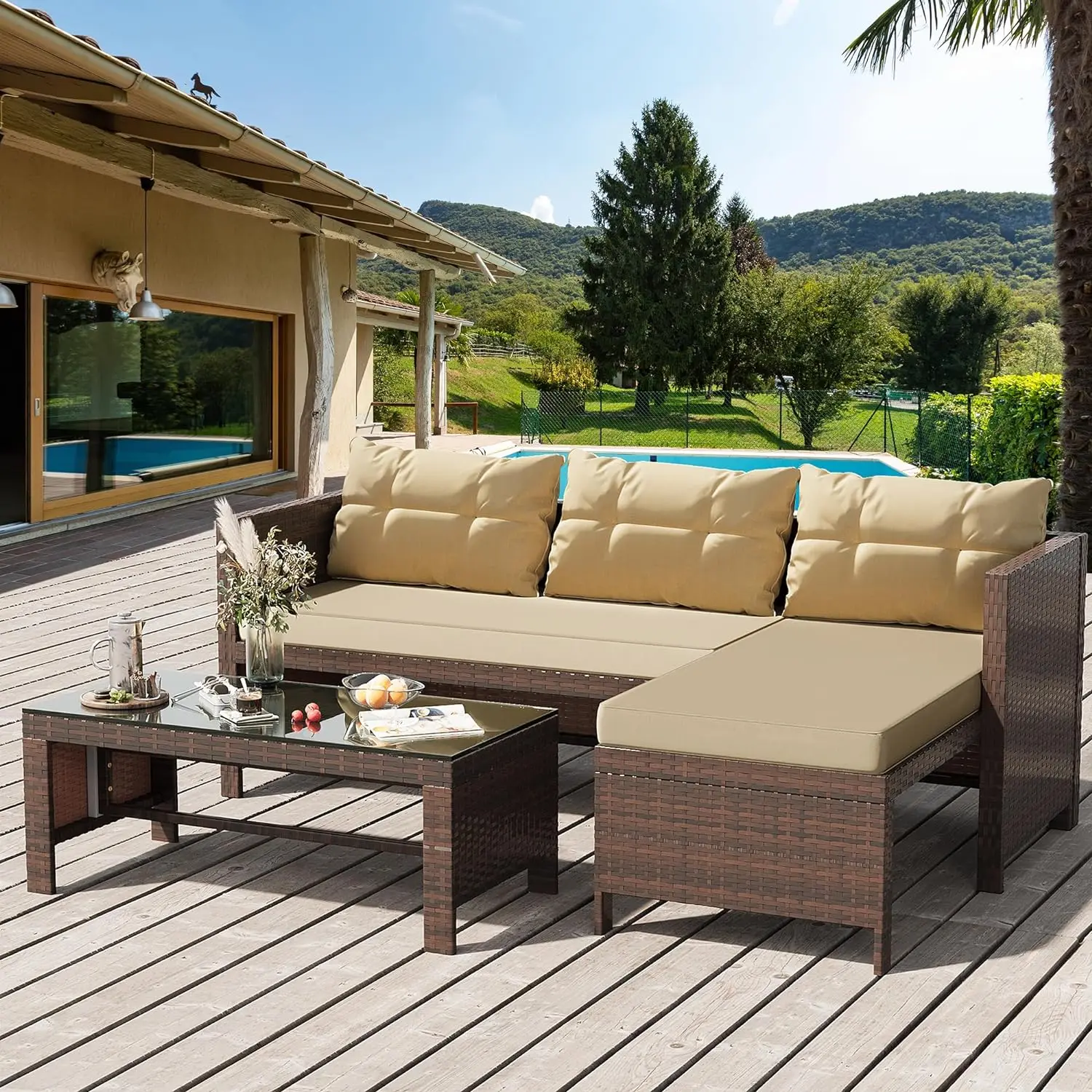 Outdoor Patio Furniture Sets, Wicker Patio sectional Sets 3-Piece, All Weather Wicker Rattan Patio Seating Sofas