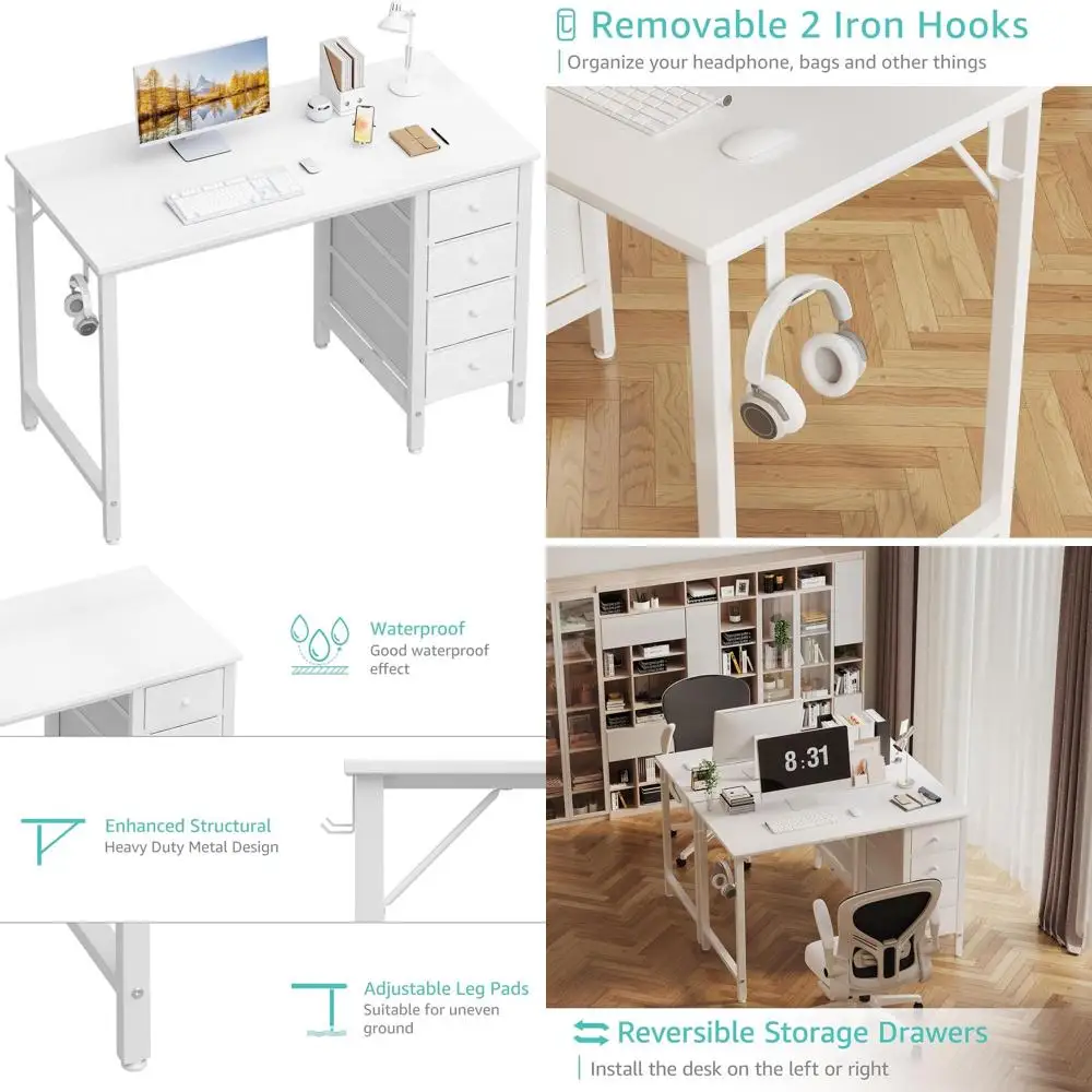Compact White Desk with Drawers for Kids, 40 Girls Study Desk, Reversible Table for Writing and Manicure in Small Spaces