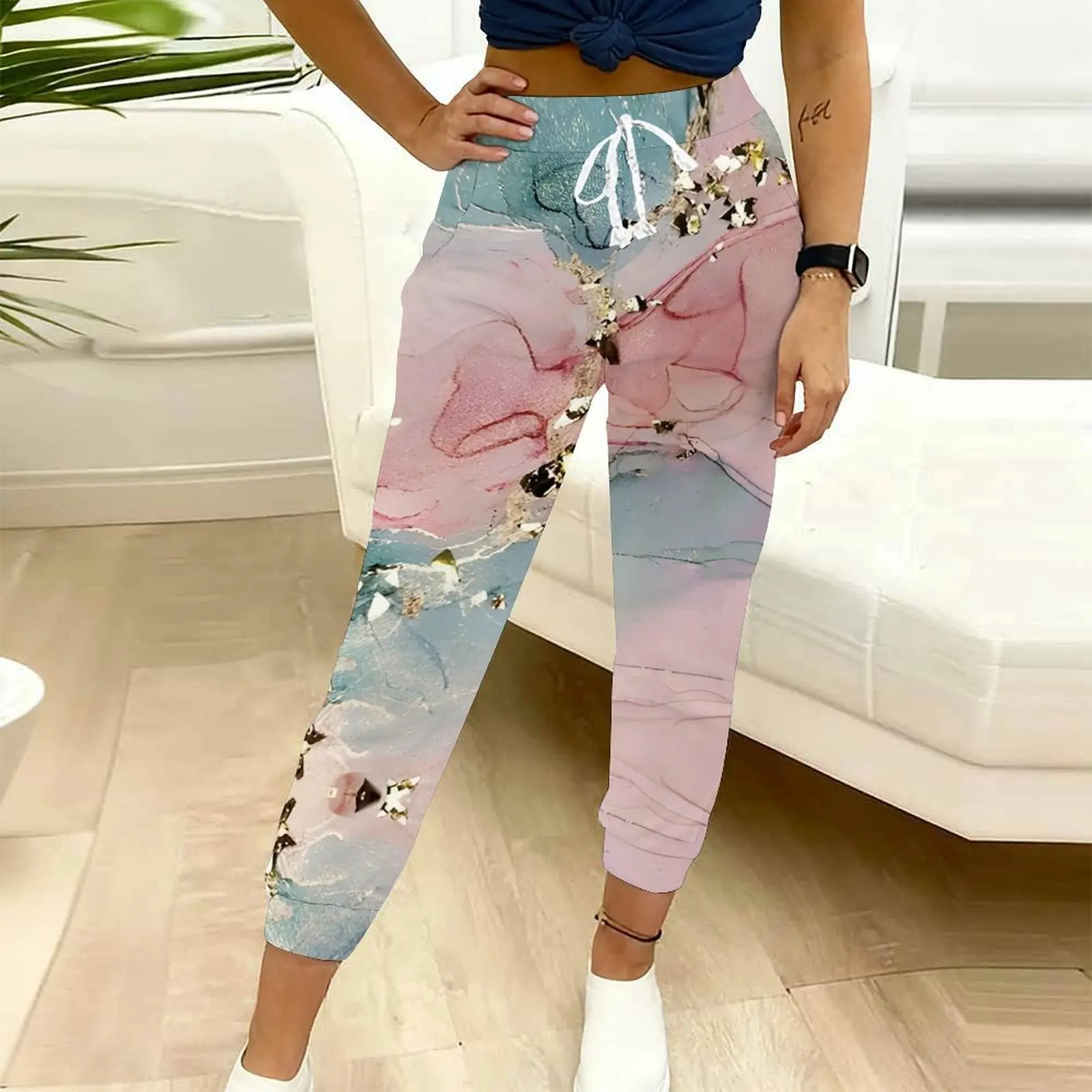 Daily Casual  Sport PantsAutumn Winter Print Sweatpants High Waist Drawstring Pocket Sweatpants Women's