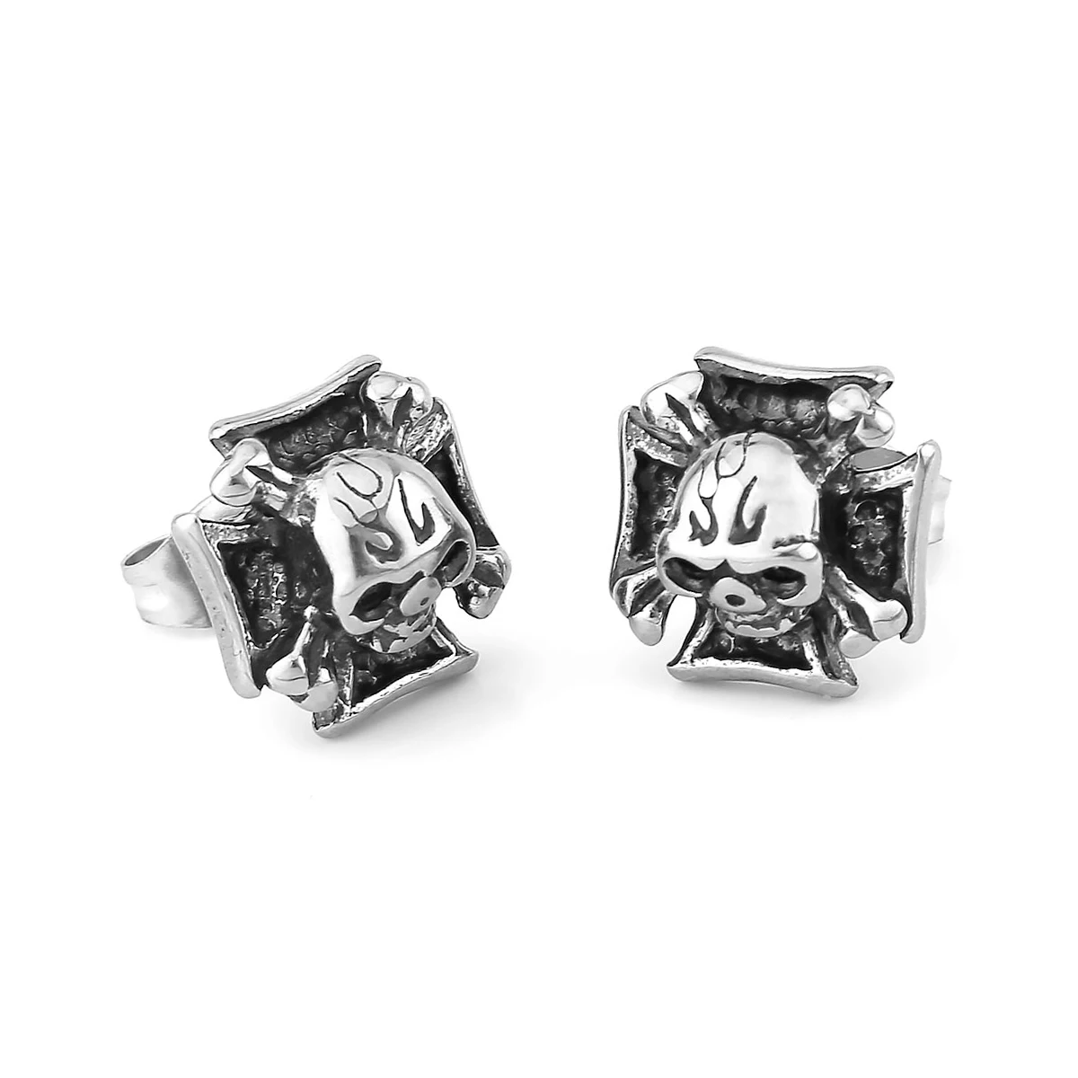 Vintage Cross Skull Stud Earrings For Men Stainless Steel Hip Hop Biker Punk Daily Accessories Fashion Party Charm Jewelry Gift