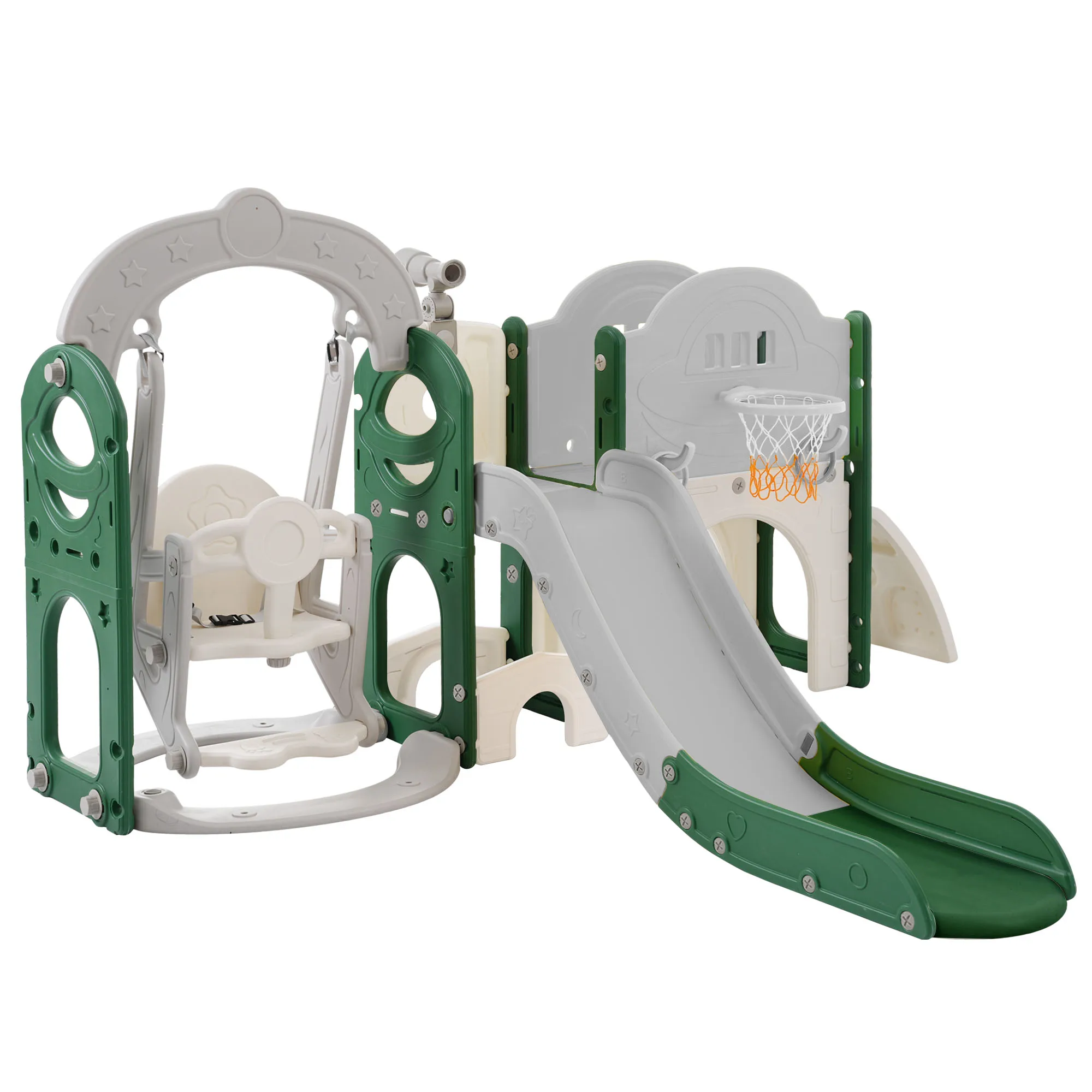 Set scivolo e altalena per bambini 7 in 1, Set da gioco per scalatore per parco giochi per bambini con combinazione autoportante per canestro da basket per Babi