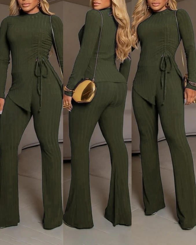 

Two Piece Set Women Outfit 2024 Spring Fashion Side Drawstring Slit Ribbed O-Neck Long Sleeve Top & Casual Flared Pants Set