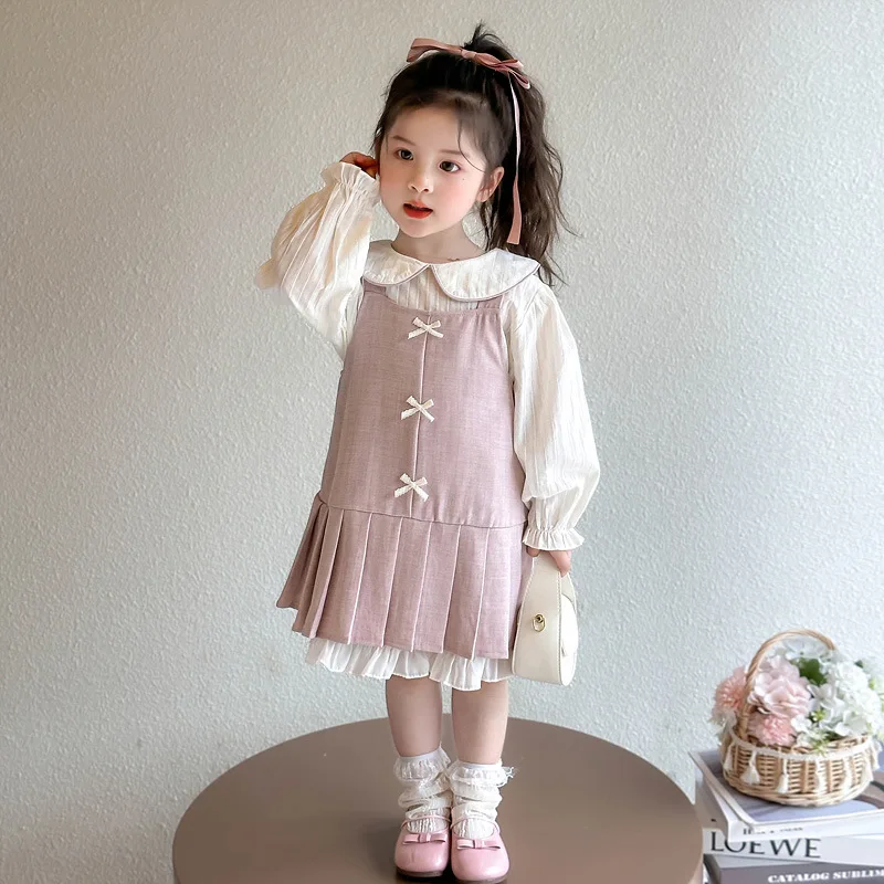 

Children's Clothing Girls Spring Dress Set2025New Style Baby Girl Fashionable Doll Collar Shirt Children's Vest Dress