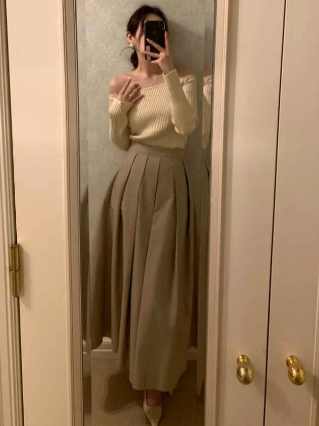 

Chic High Waist Midi Pure Color A-Line Pleated Skirt for Women Spring New Sle Ele Versatile Slimming f-length Skirt