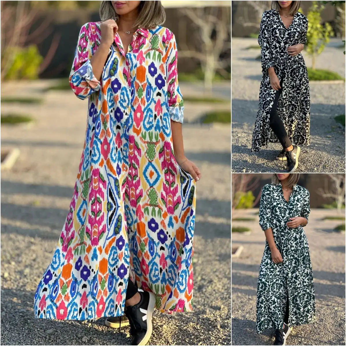 Women's Loose Long Dresses Autumn Elegant Square Neck Long Sleeved Printed Shirt Dress Vestidos De Fiesta