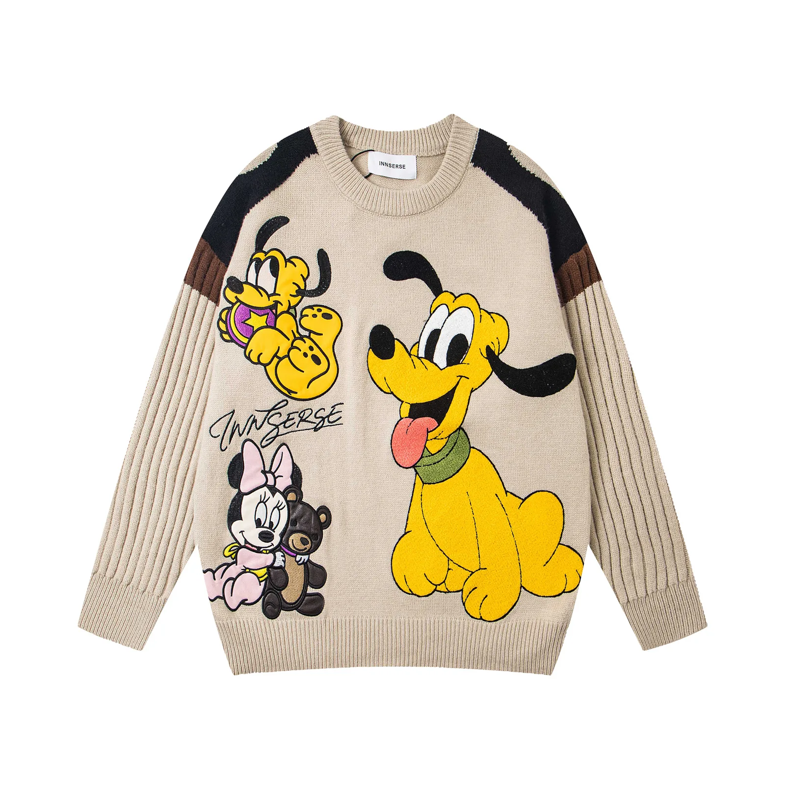 Autumn Winter Top American Retro Color Block Cute Cartoon Embroidery Pullover Crew Neck Sweater Unisex Versatile Loose Knitwear