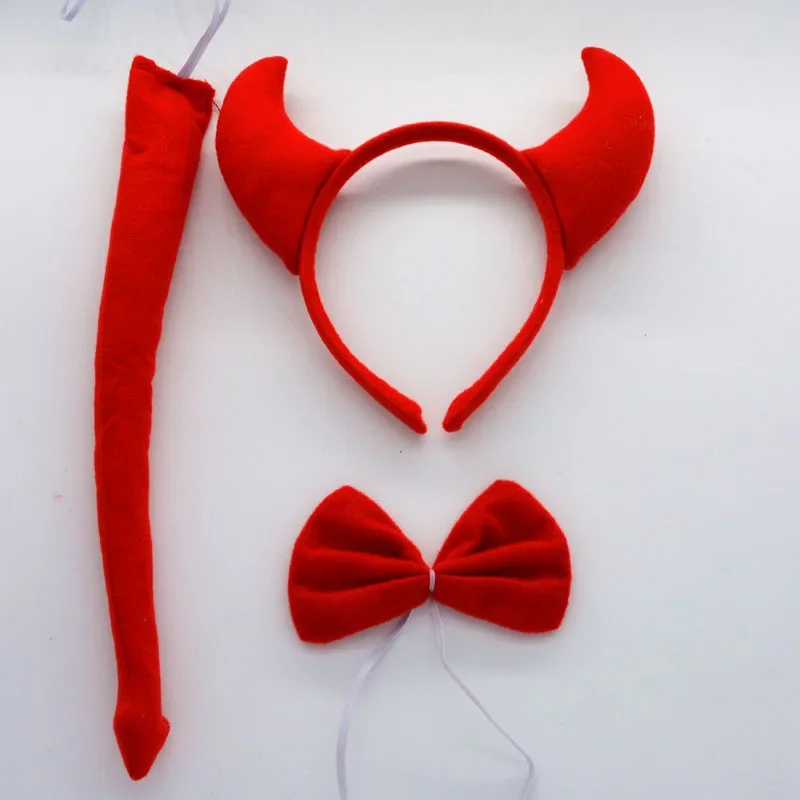 Adult Kids Party Red Black Devil Demon Horn Headband Tie Tail Birthday Gift  Animal Hair Bands Plush  Halloween Costume Cosplay