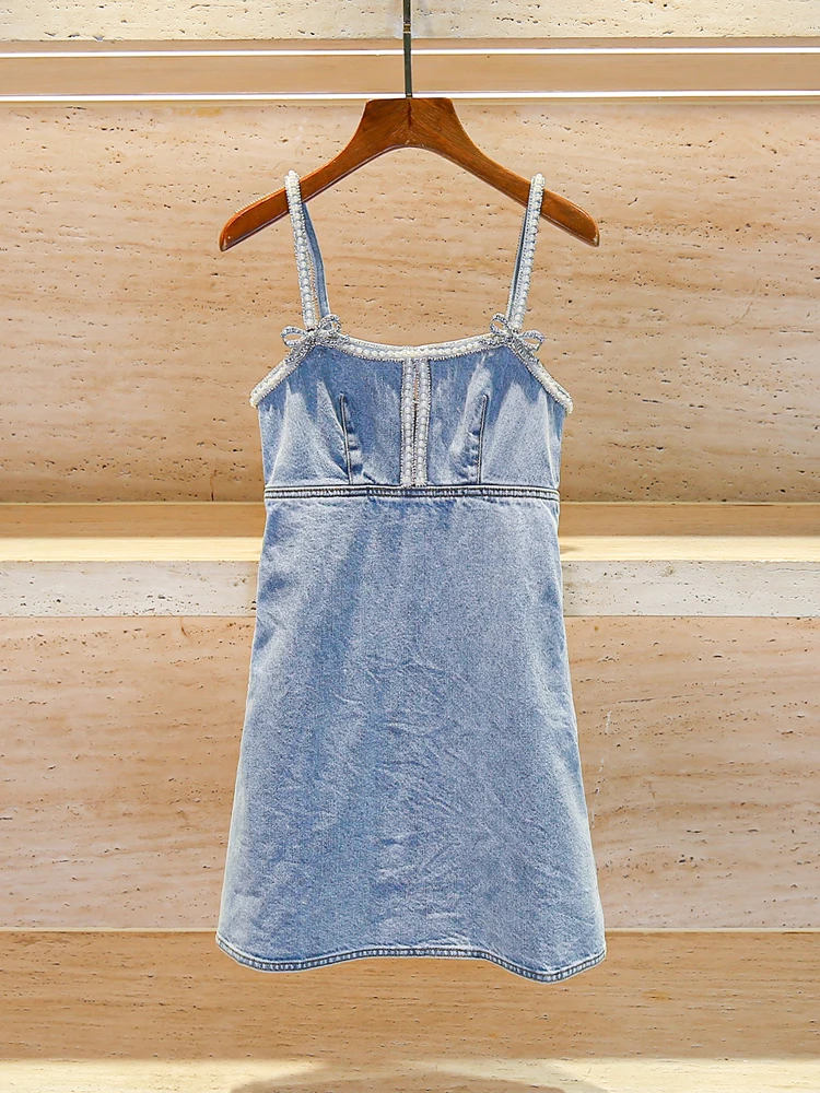 

Джинсовая юбка с высокой талией и бусинами для женщин, летняя/весенняя, модная, для повседневной носки, короткая, без рукавов