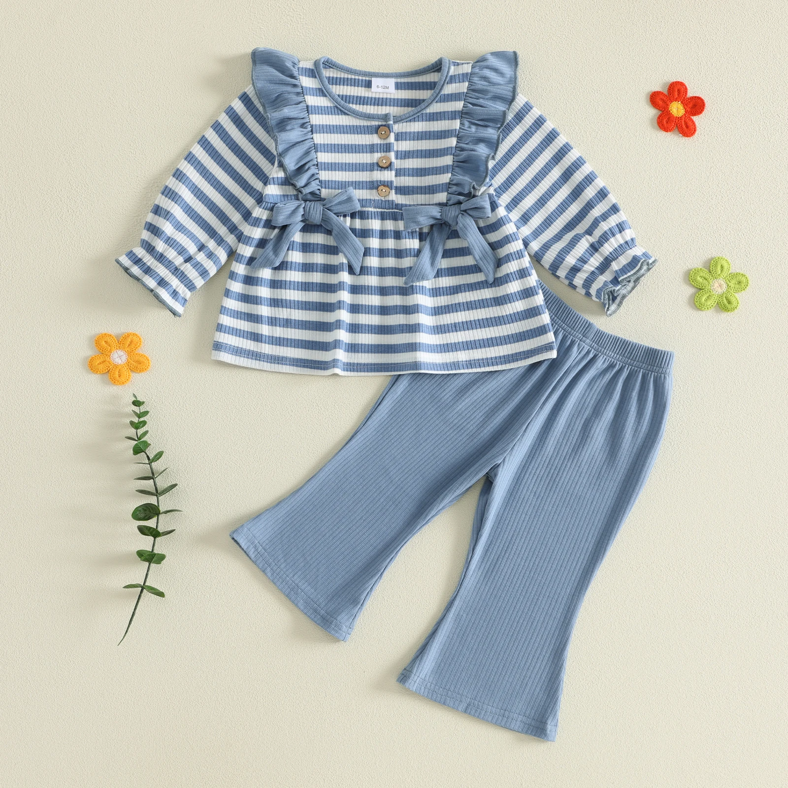 1-4Y Girl Fall Outfits Stripe Long Sleeve Ruffled t Shirt Tops Solid Flare Pants Set Waffle Girls Autumn Clothes Set