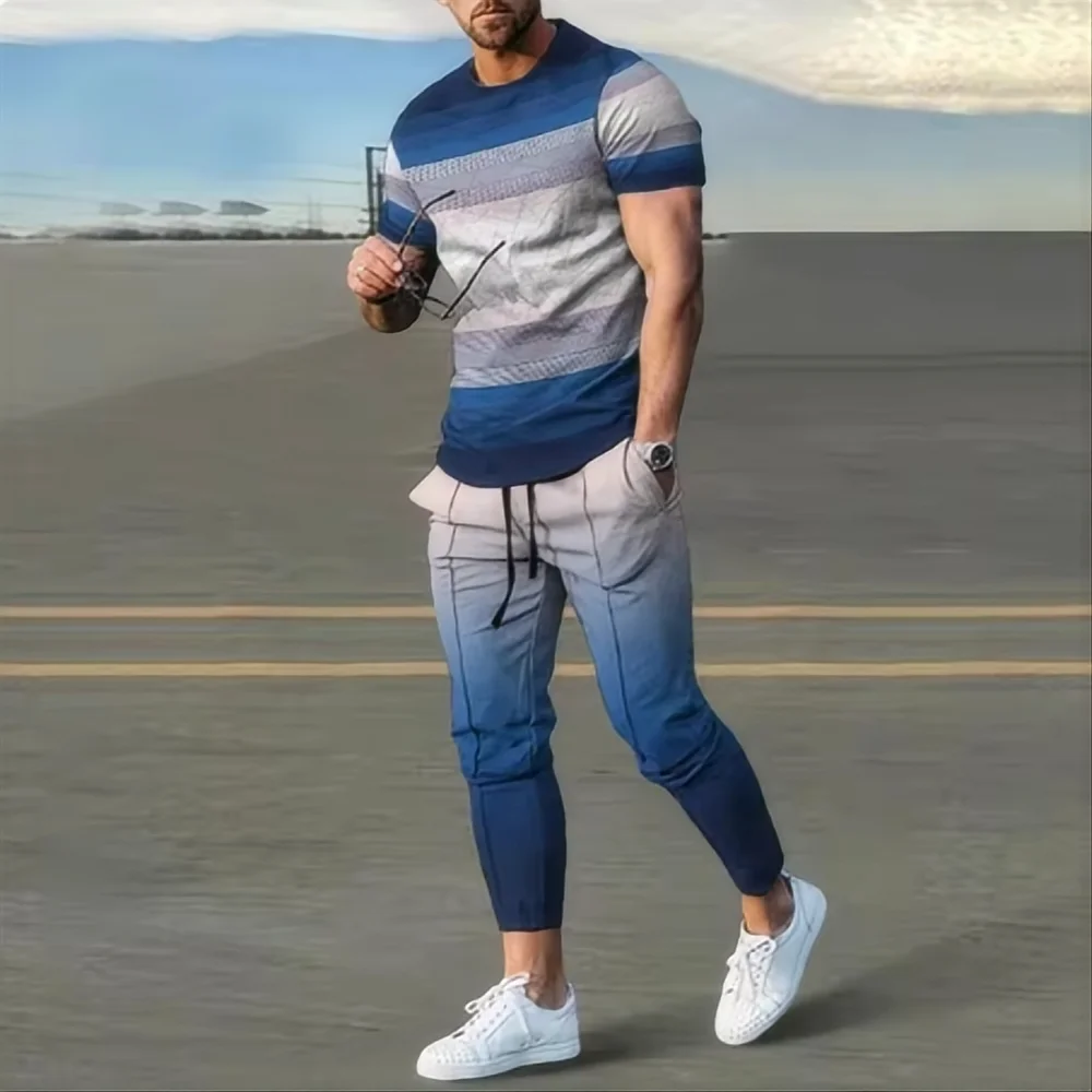 Summer men\'s sportswear set short sleeved T-shirt long pants two-piece set men\'s sportswear 3D printed casual trend oversized