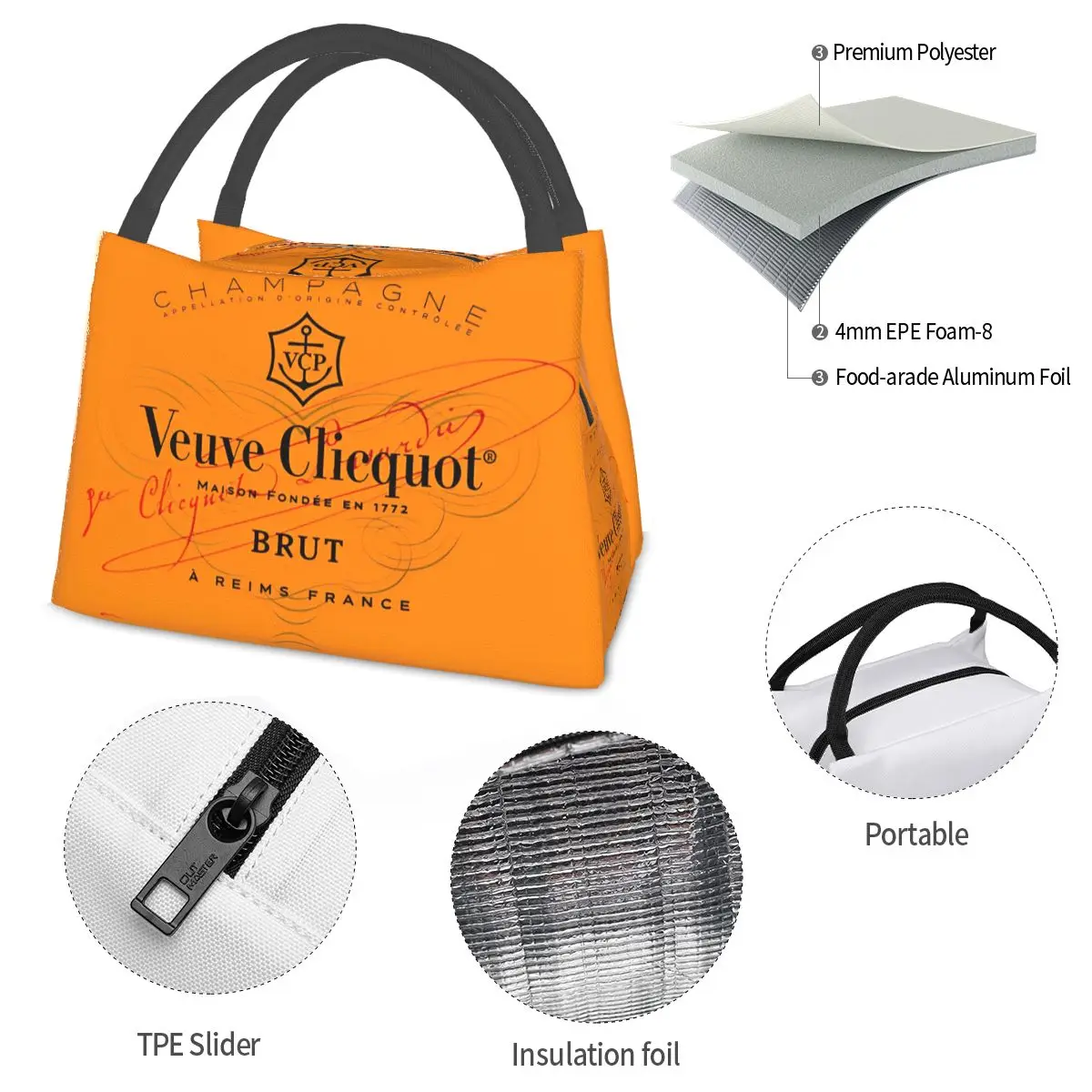 VCP Luxury Champagne Clicquots Merch Lunch Bag Insulated Cooler Portable Picnic Oxford Tote Food Bag