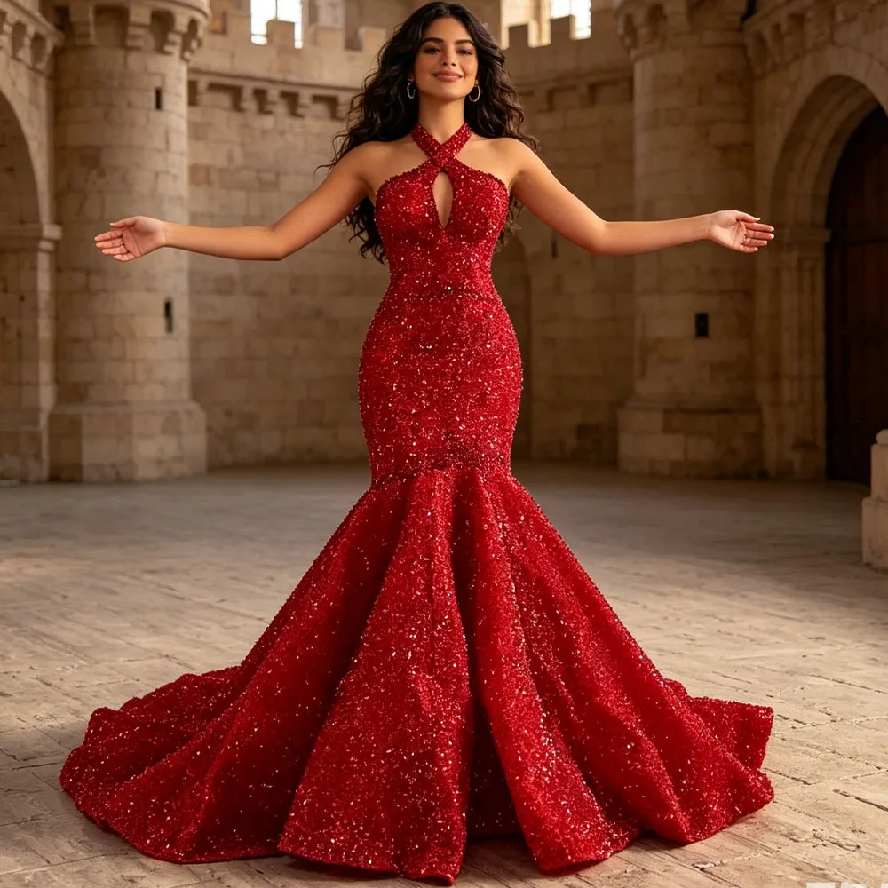 Halter Red Evening Dress Sleeveless Lace Up Back Sequins Mermaid Customized Vestido De Noche Fiesta Lujo Prom Dress For Women