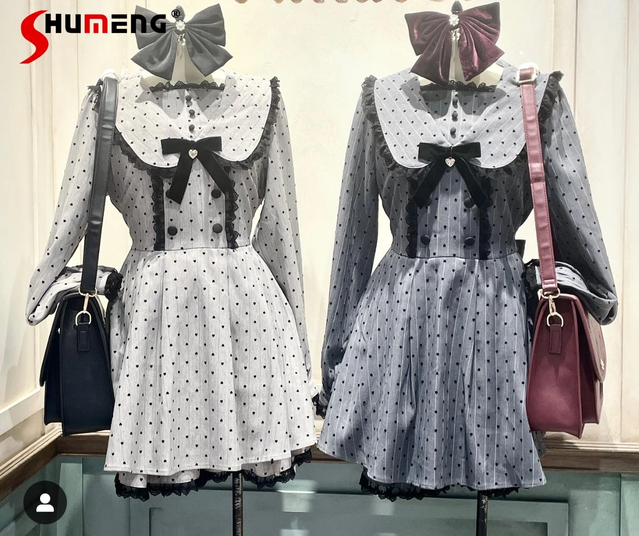 

Japanese Style Elegant Sweet Retro Dot Dress Sets Lace Navy Collar Long Sleeve Lace-up Bow Dress Shorts Two-Piece Set for Women