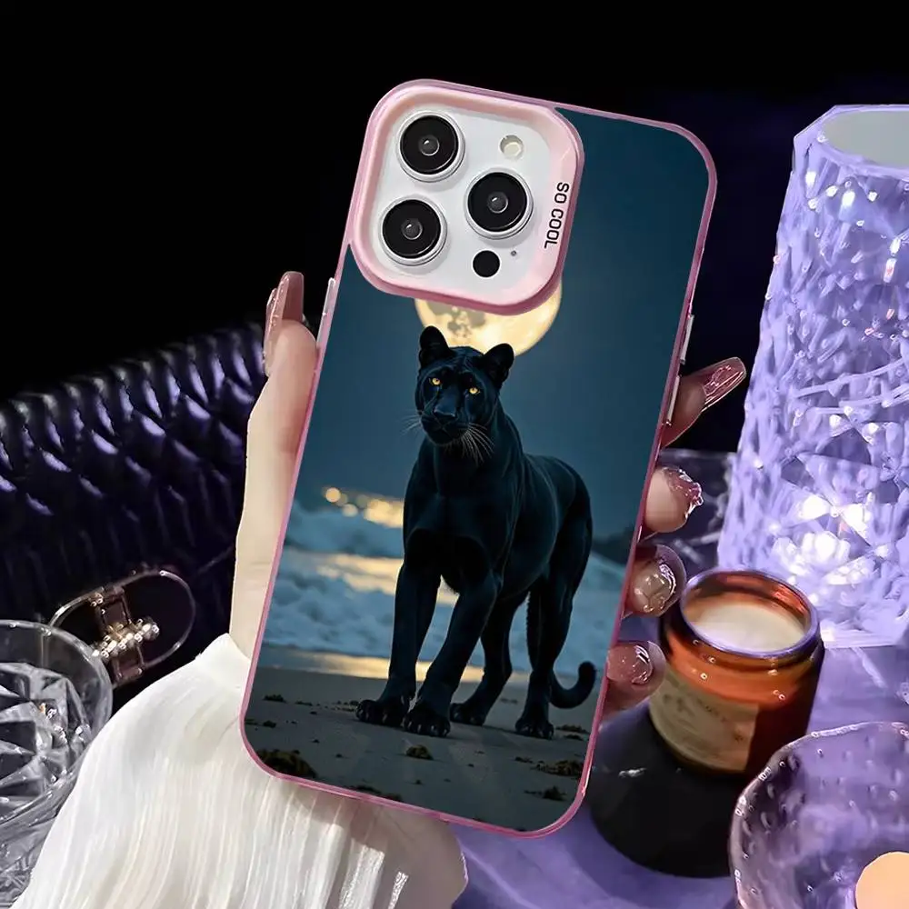 Dark Night Panther telefoonhoesje voor iPhone 16,15,14,13,12,11, Mini, Pro, MAX roze matte schokbestendige hoes