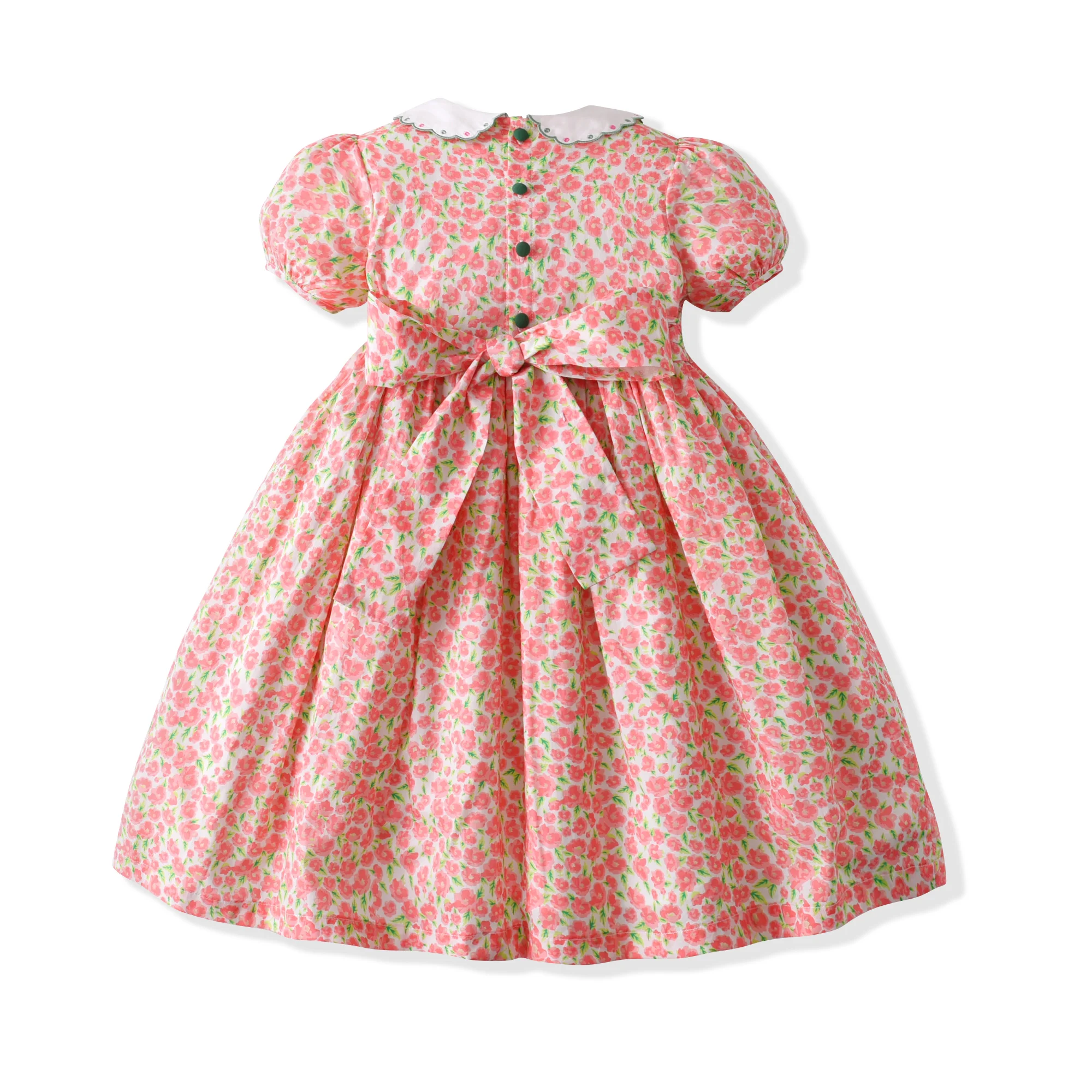 Vintage Style Red Floral Girl Embroider Smocked Children Girl Dress Summer Short Sleeves Boutique Clothing Dresses For Party