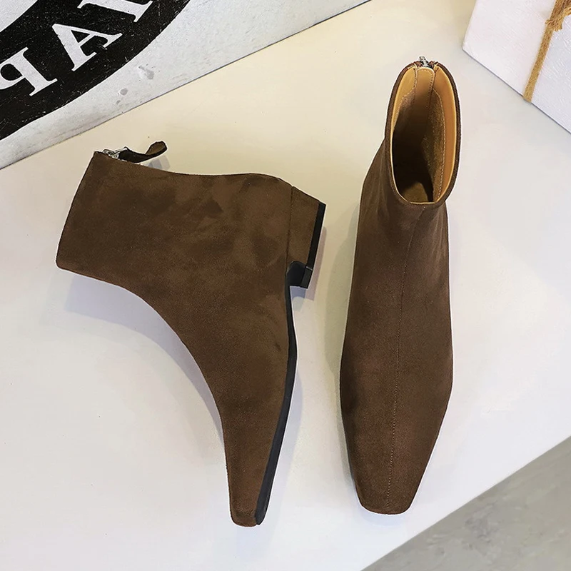 

BIGTREE/2026, новые зимние модные винтажные дизайнерские женские ботильоны с острым носком, обувь на молнии на квадратном каблуке, Zapatos De Mujer