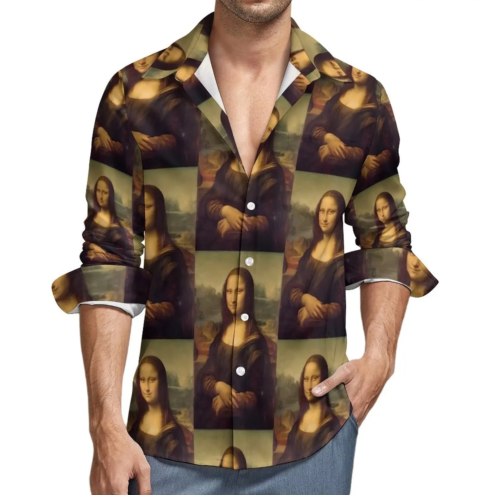 

Mona Lisa Shirt Leonardo Da Vinci Casual Shirts Long Sleeve Custom Street Style Blouses Autumn Vintage Oversized Clothing