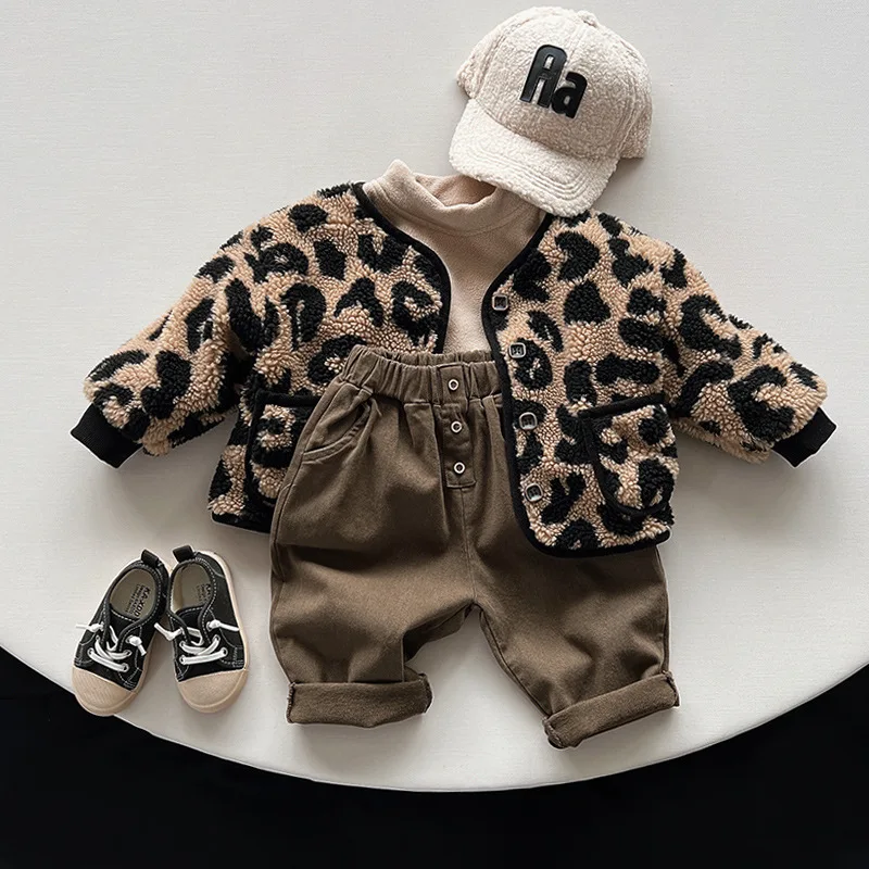 Autumn Winter Children Jackets 1-8Y Girls Thick Warm Fleece Leopard Casual Coats Korean Toddler Outerwear Kids Clothing 2024 New