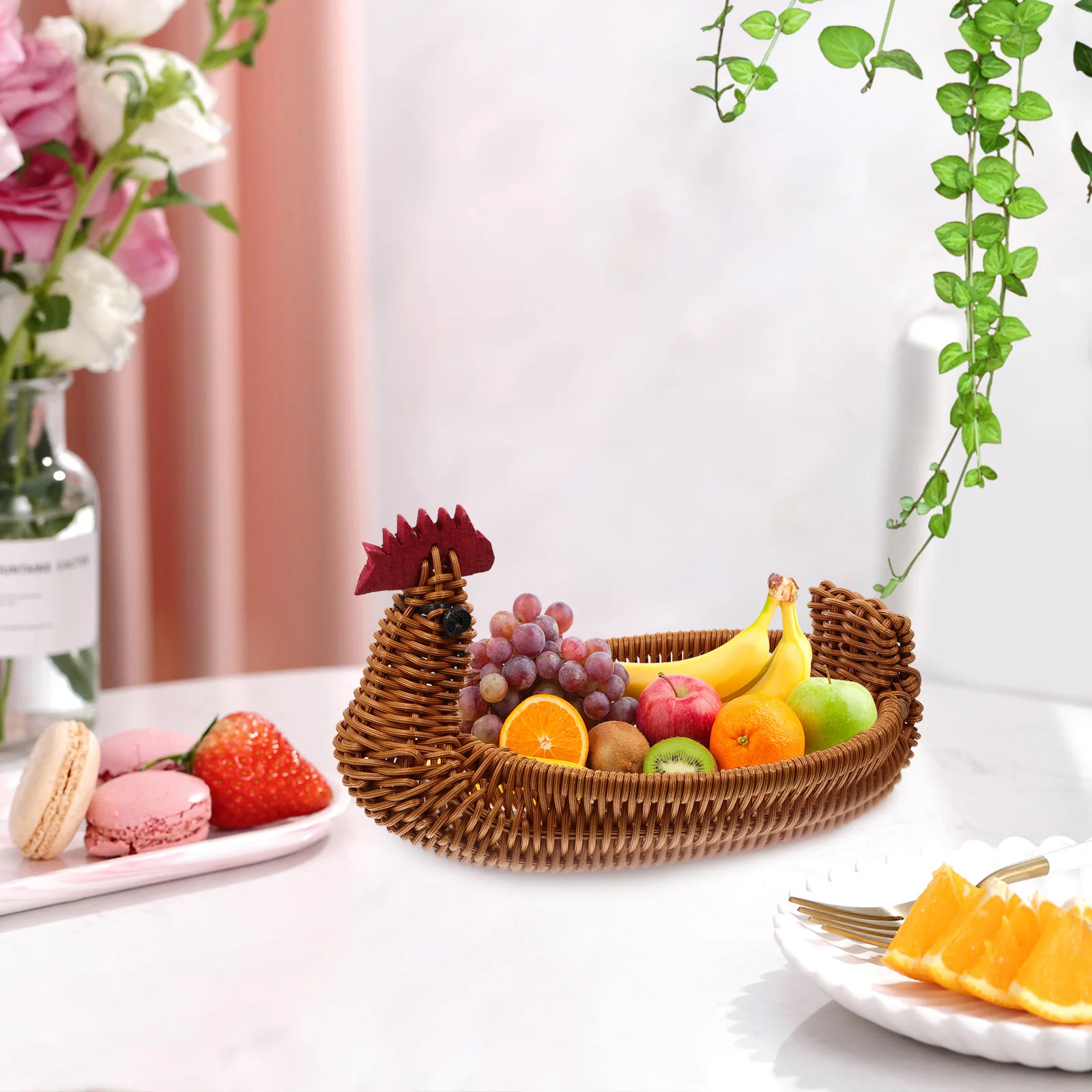 

Rattan Storage Woven Fruits Home Decor Small Wicker PP Handles Bread Serving Food Woven Fruits Basket Party Fruit Chic Box