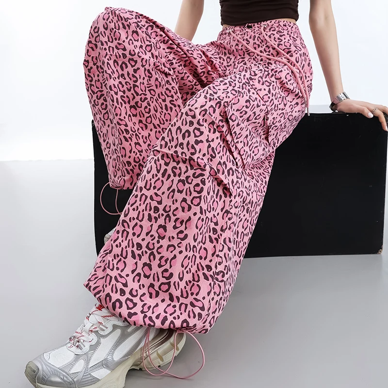 

Summer 2026 Slim Fit Thin Print Wide Leg Cuffed Two Wear Leopard Print Workwear Casual Sports Pants Women's High Waist Long S...