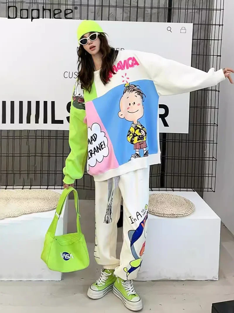 

Contrasting Color Splicing Cartoon Printed Pullover Sweatshirt Two-piece Sets Women Spring and Autumn Fashion Casual Sports Suit