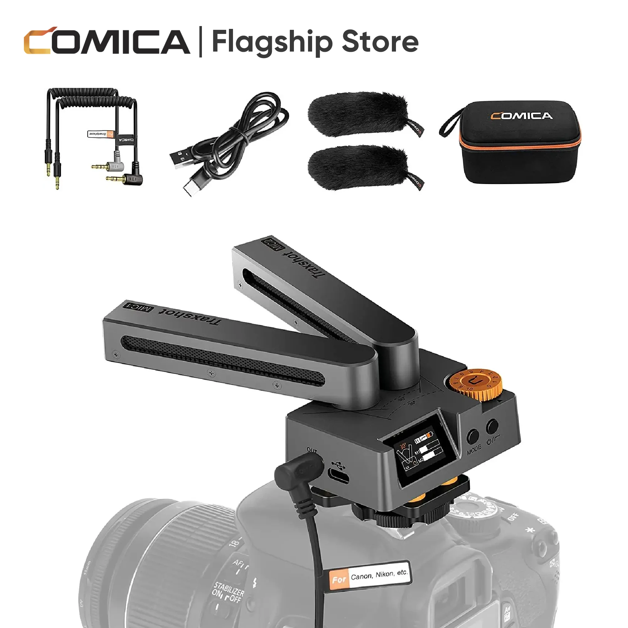 Comica Traxshot Condenser Microphone Transformable Microphone Super Cardioid Shotgun Mic Multi-funtional Mic For Phone Camera